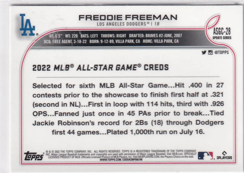 2022 TOPPS CHROME UPDATE #ASGC-28 FREDDIE FREEMAN REFRACTOR- LOS ANGELES DODGERS - Baseball Card Single