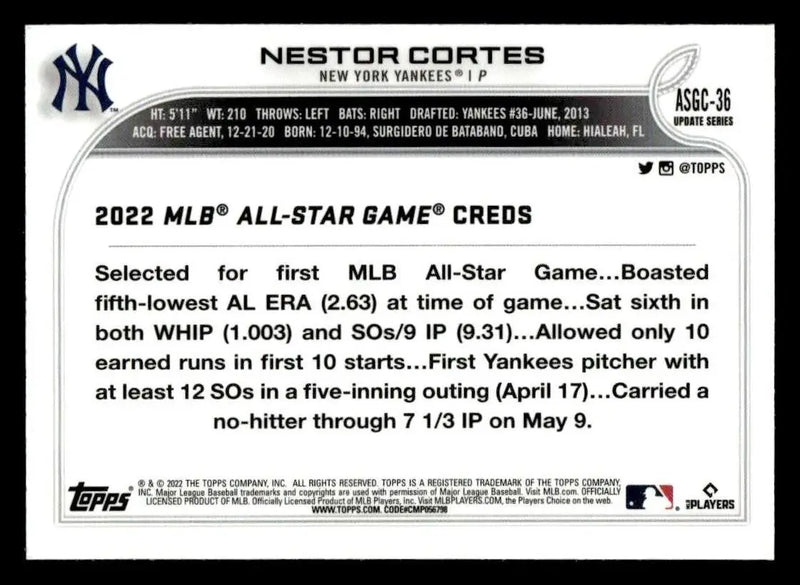 2022 Topps Chrome Update #ASGC-36 Nestor Cortes 2022 All-Star Game Chrome - Baseball Card Single