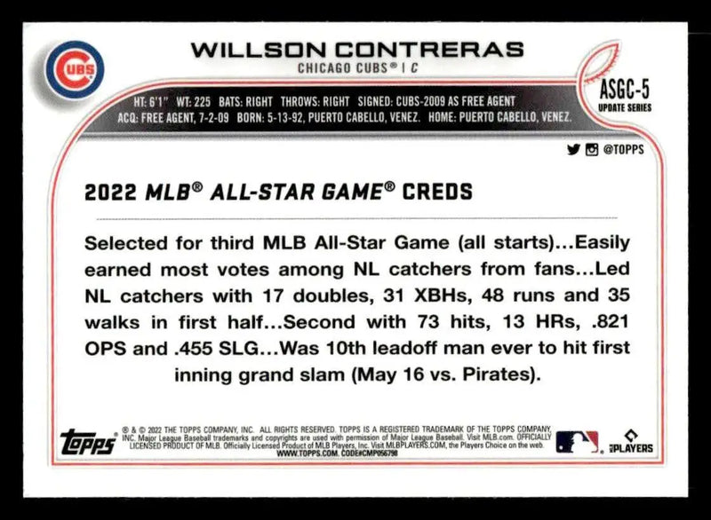 2022 Topps Chrome Update #ASGC-5 Willson Contreras 2022 All-Star Game Chrome - Baseball Card Single