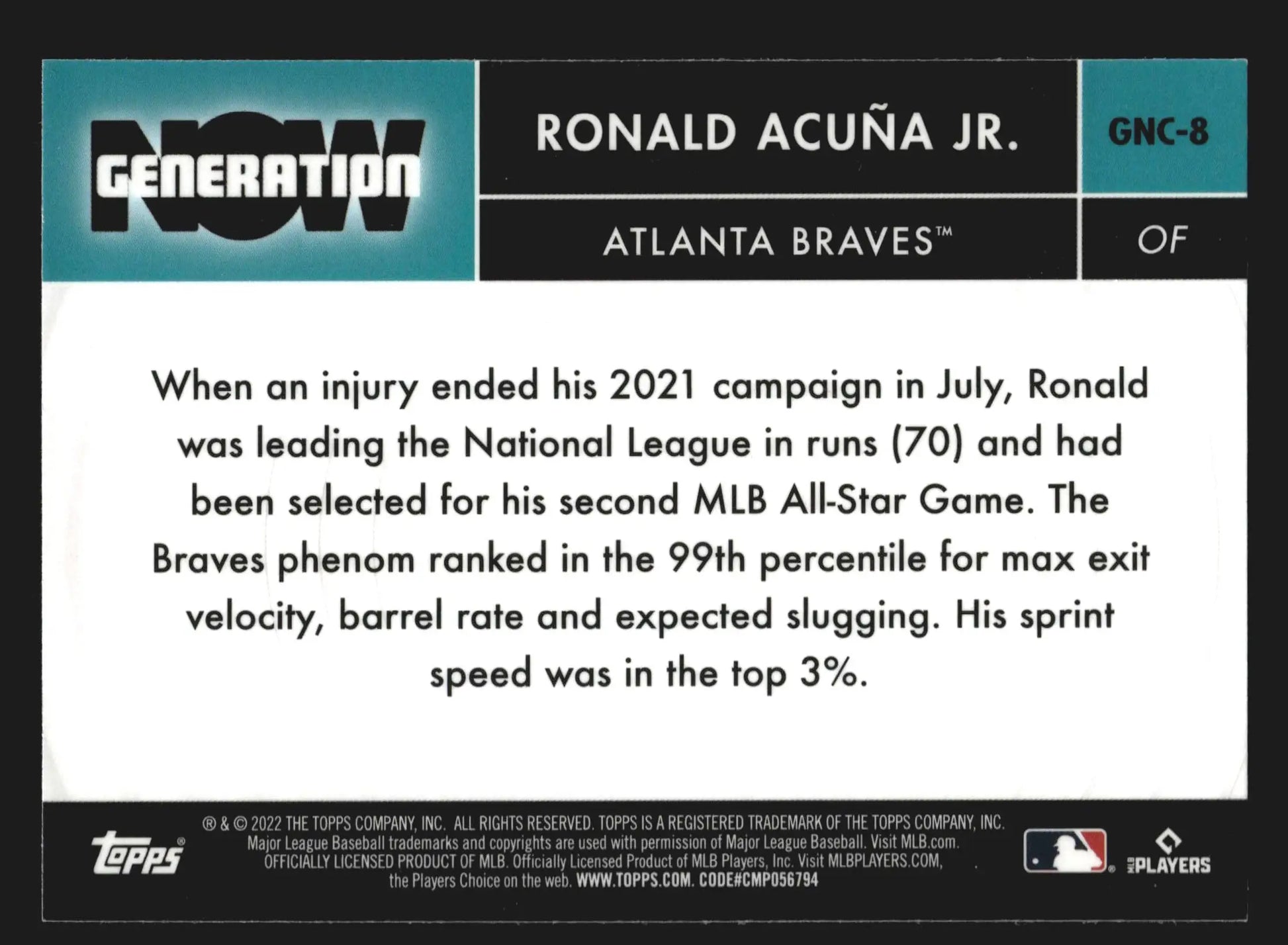 2022 Topps Chrome Update #GNC-8 Ronald Acuna Jr Braves Generation Now Chrome