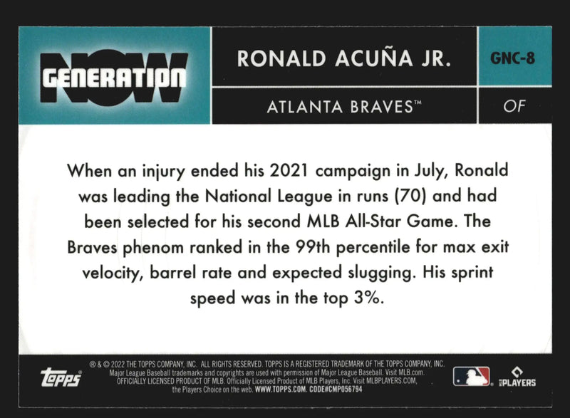 2022 Topps Chrome Update #GNC-8 Ronald Acuna Jr Braves Generation Now Chrome