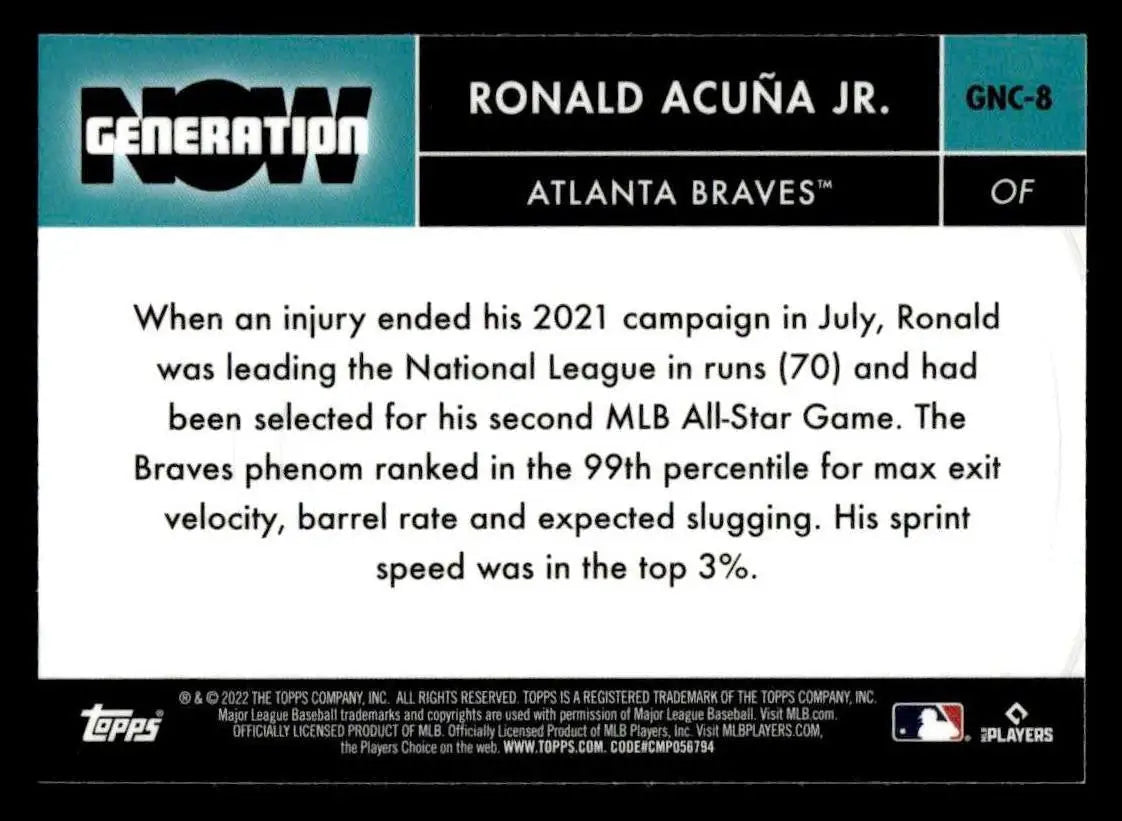 2022 Topps Chrome Update #GNC-8 Ronald Acuña Jr. Generation Now Chrome - Baseball Card Single