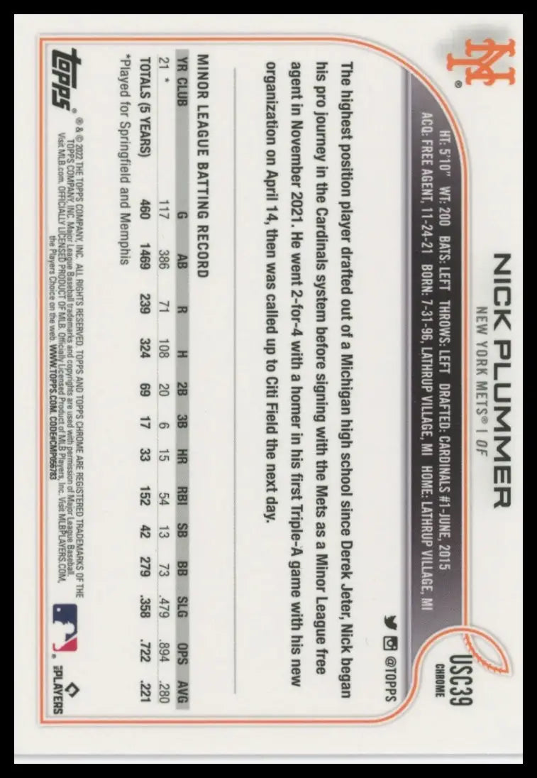 2022 Topps Chrome Update - Pink Wave Refractor Nick Plummer USC39 NY Mets NM - Baseball Card Single