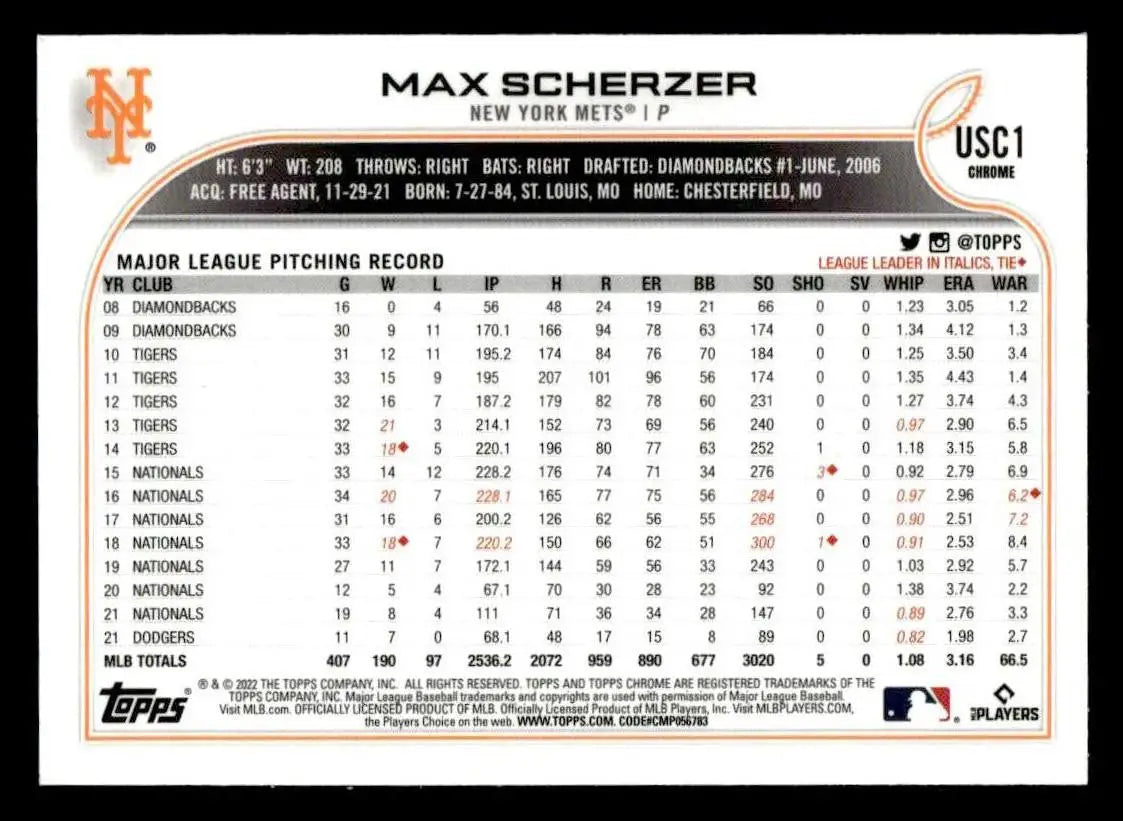2022 Topps Chrome Update #USC1 Max Scherzer - Baseball Card Single