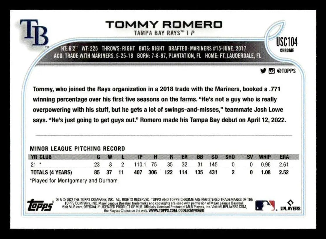 2022 Topps Chrome Update #USC104 Tommy Romero - Baseball Card Single
