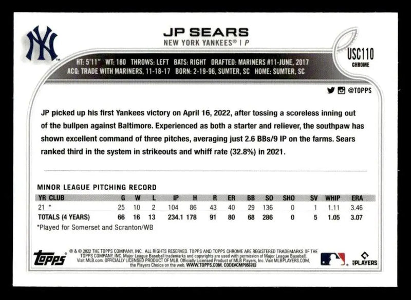 2022 Topps Chrome Update #USC110 JP Sears - Baseball Card Single