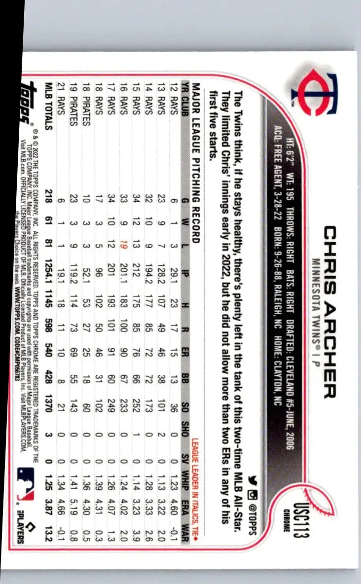 2022 Topps Chrome Update USC113 Chris Archer Purple Refractor baseball card