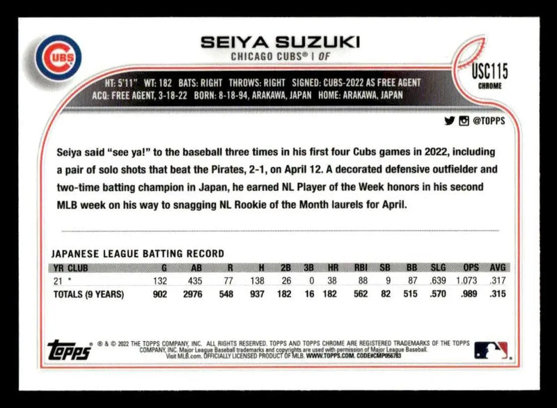2022 Topps Chrome Update #USC115 Seiya Suzuki - Baseball Card Single