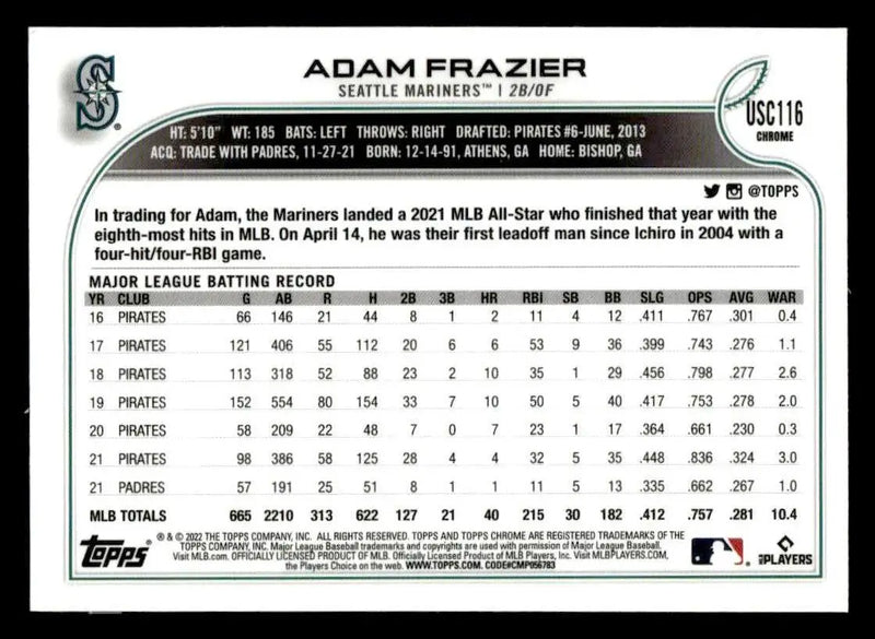 2022 Topps Chrome Update #USC116 Adam Frazier Purple Refractor - Baseball Card Single