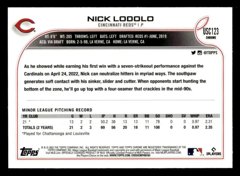 2022 Topps Chrome Update #USC123 Nick Lodolo - Baseball Card Single