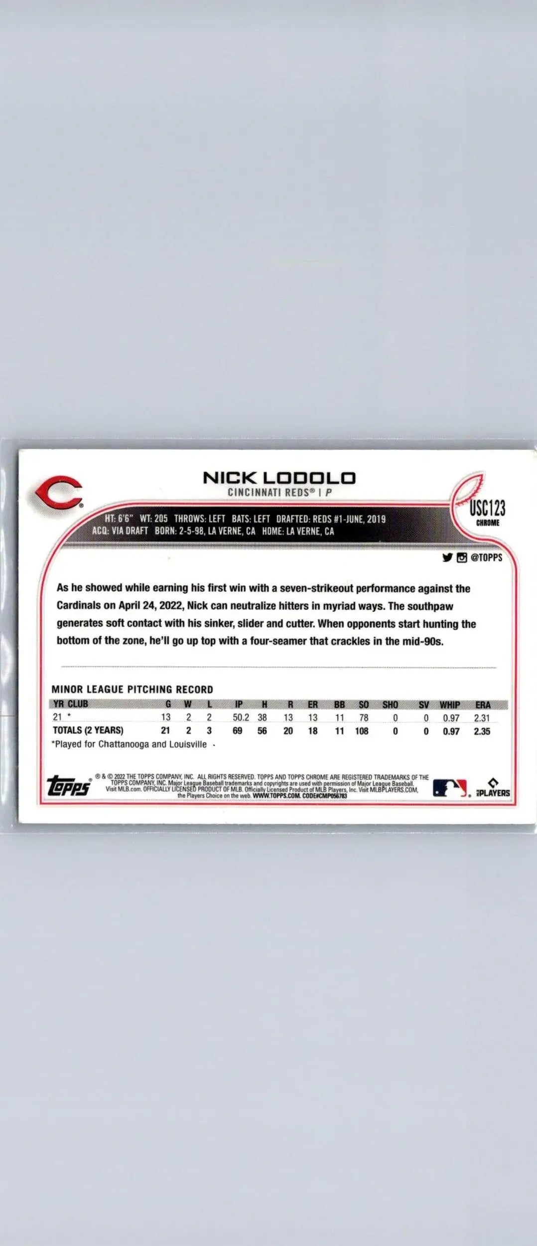 Back of 2022 Topps Chrome Update USC123 Nick Lodolo baseball card