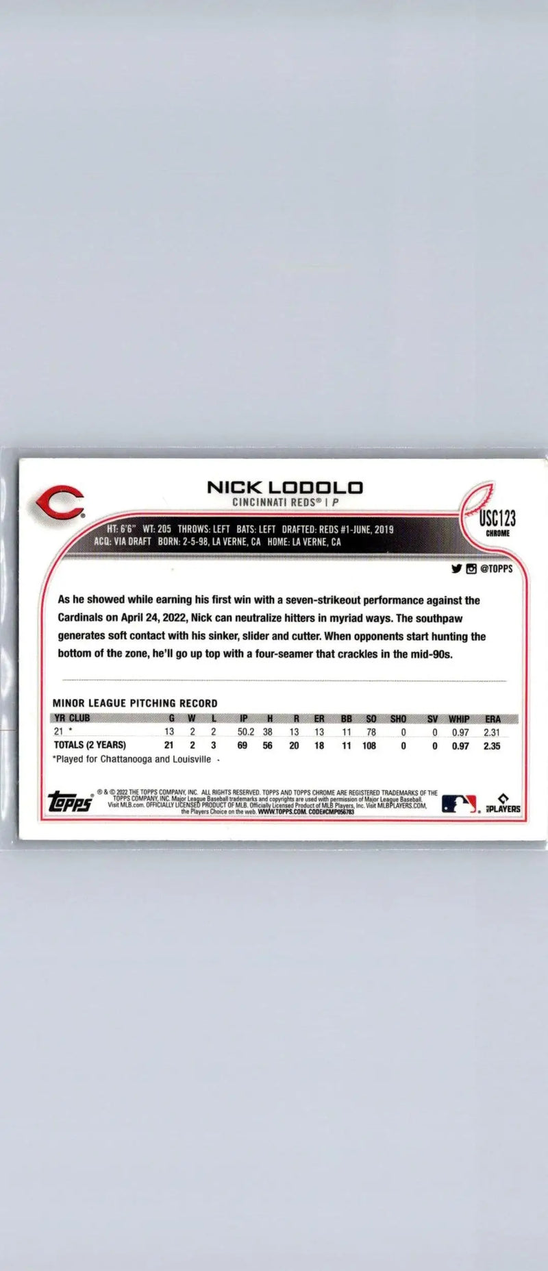 Back of 2022 Topps Chrome Update USC123 Nick Lodolo baseball card