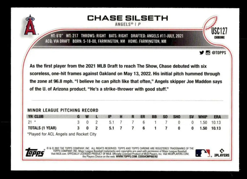 2022 Topps Chrome Update #USC127 Chase Silseth - Baseball Card Single