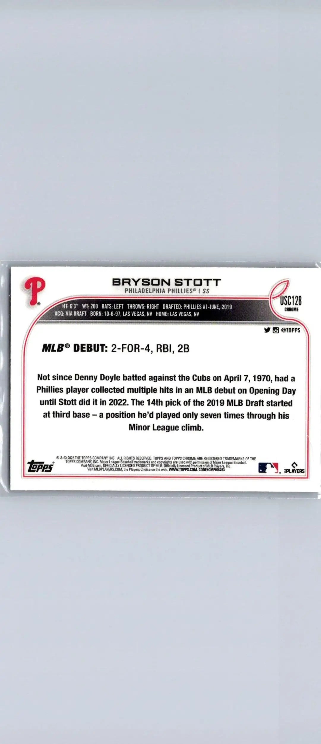 Bryson Stott baseball card from 2022 Topps Chrome Update #USC128 featuring the player