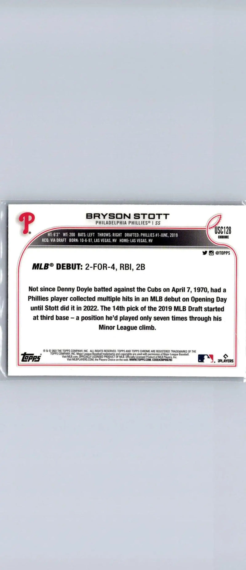 Bryson Stott baseball card from 2022 Topps Chrome Update #USC128 featuring the player