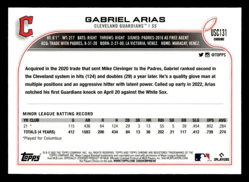 2022 Topps Chrome Update #USC131 Gabriel Arias - Baseball Card Single