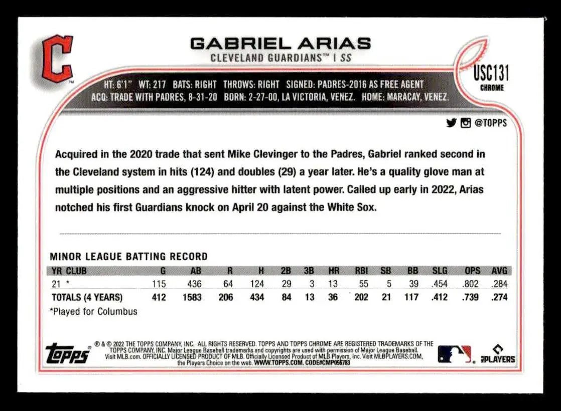 2022 Topps Chrome Update #USC131 Gabriel Arias Purple Refractor - Baseball Card Single