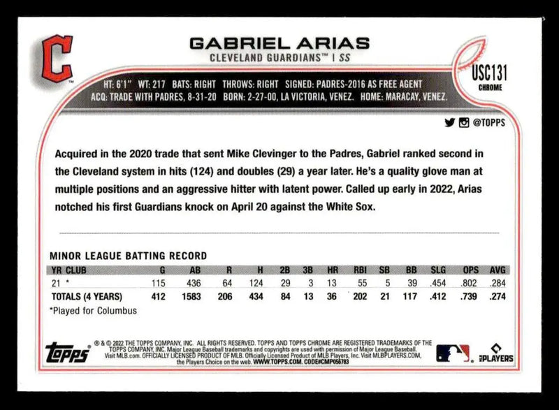 2022 Topps Chrome Update #USC131 Gabriel Arias Purple Refractor - Baseball Card Single