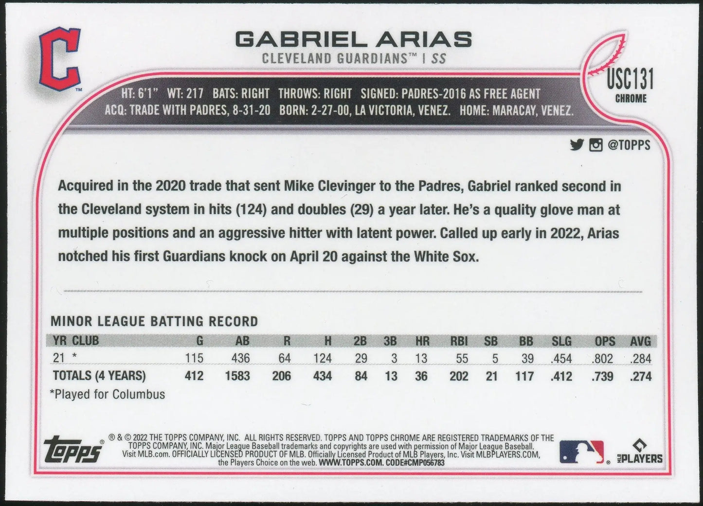 2022 Topps Chrome Update #USC131 Gabriel Arias RC Cleveland Guardians