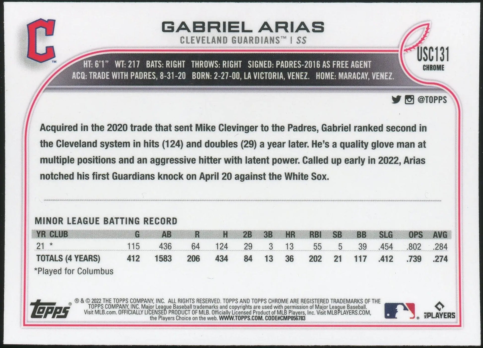 2022 Topps Chrome Update #USC131 Gabriel Arias RC Cleveland Guardians
