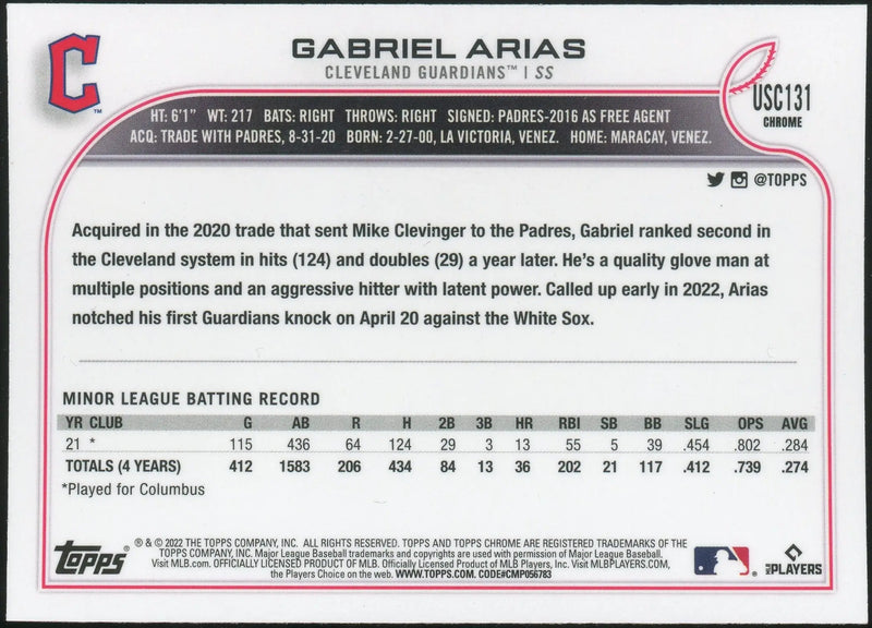 2022 Topps Chrome Update #USC131 Gabriel Arias RC Cleveland Guardians