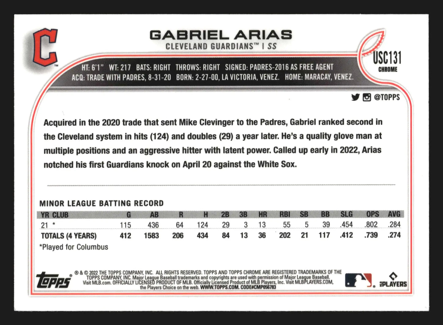 2022 Topps Chrome Update #USC131 Gabriel Arias RC Purple Refractor Guardians