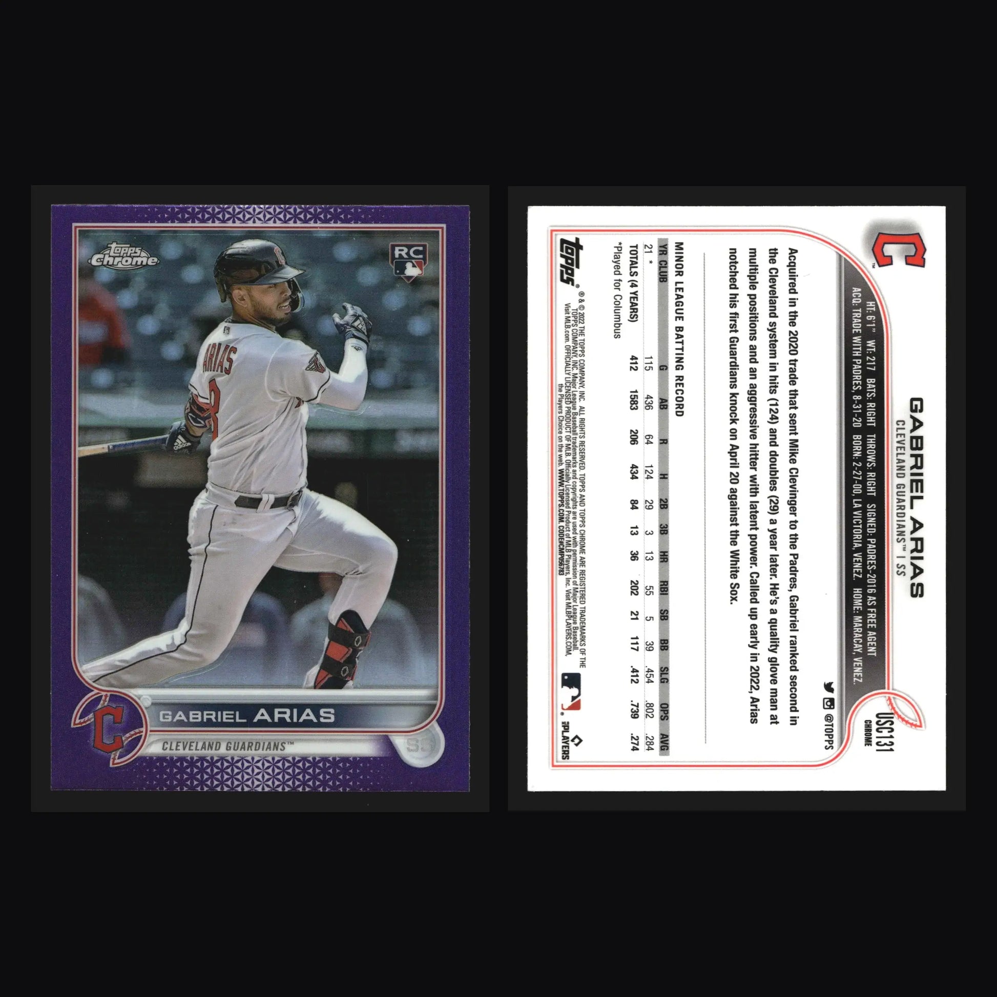 2022 Topps Chrome Update #USC131 Gabriel Arias RC Purple Refractor Guardians