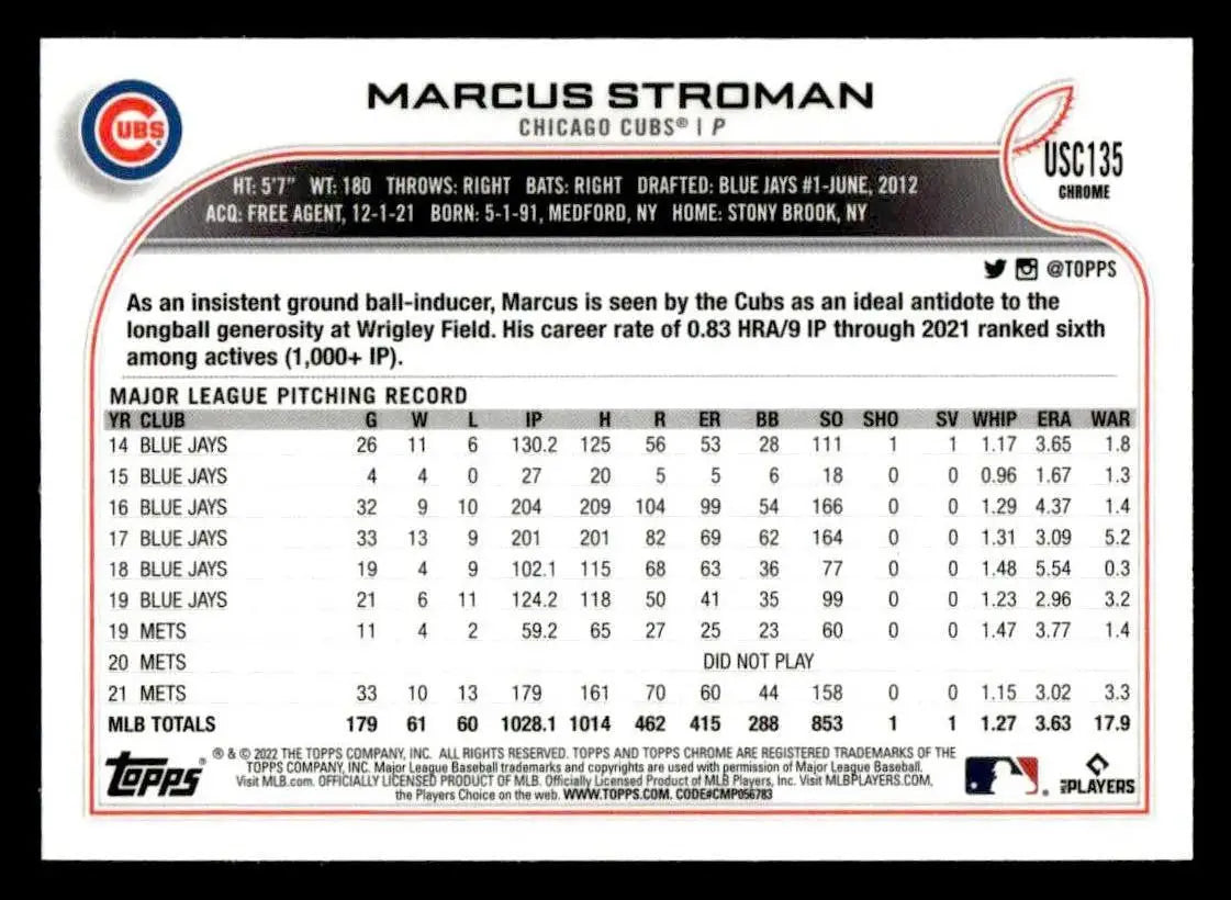 2022 Topps Chrome Update #USC135 Marcus Stroman - Baseball Card Single
