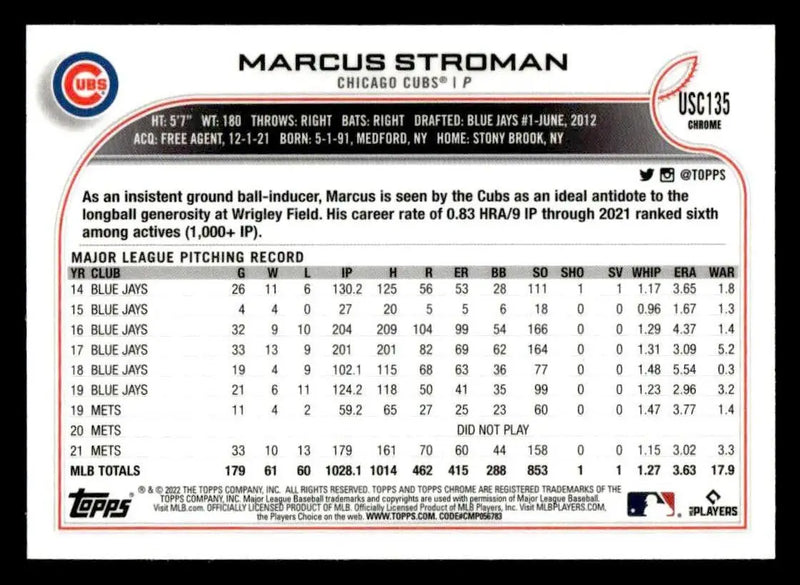 2022 Topps Chrome Update #USC135 Marcus Stroman - Baseball Card Single
