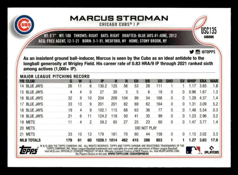 2022 Topps Chrome Update #USC135 Marcus Stroman Purple Refractor - Baseball Card Single