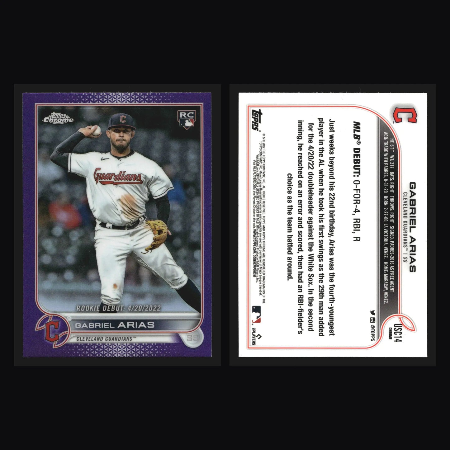 2022 Topps Chrome Update #USC14 Gabriel Arias RC Purple Refractor Guardians