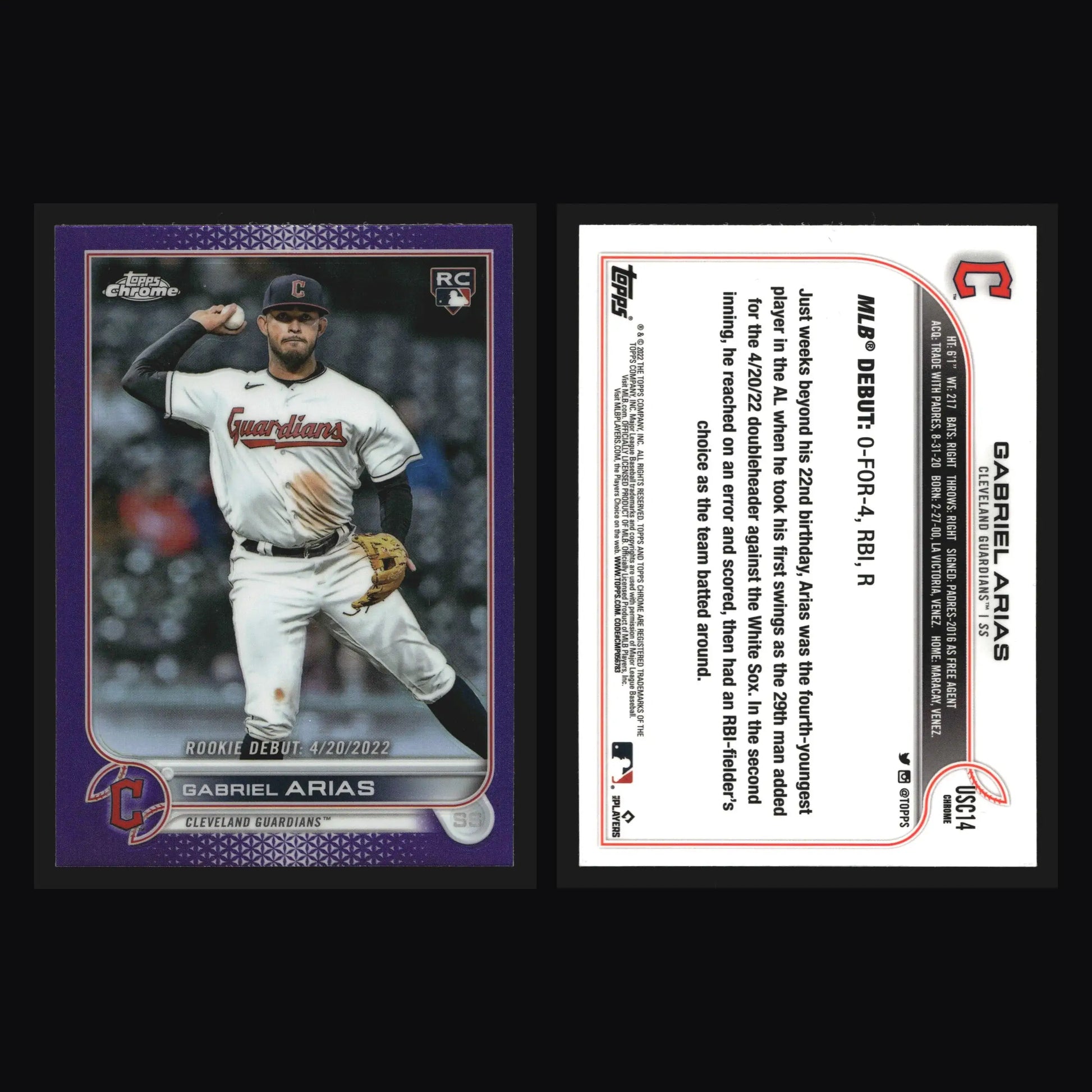2022 Topps Chrome Update #USC14 Gabriel Arias RC Purple Refractor Guardians