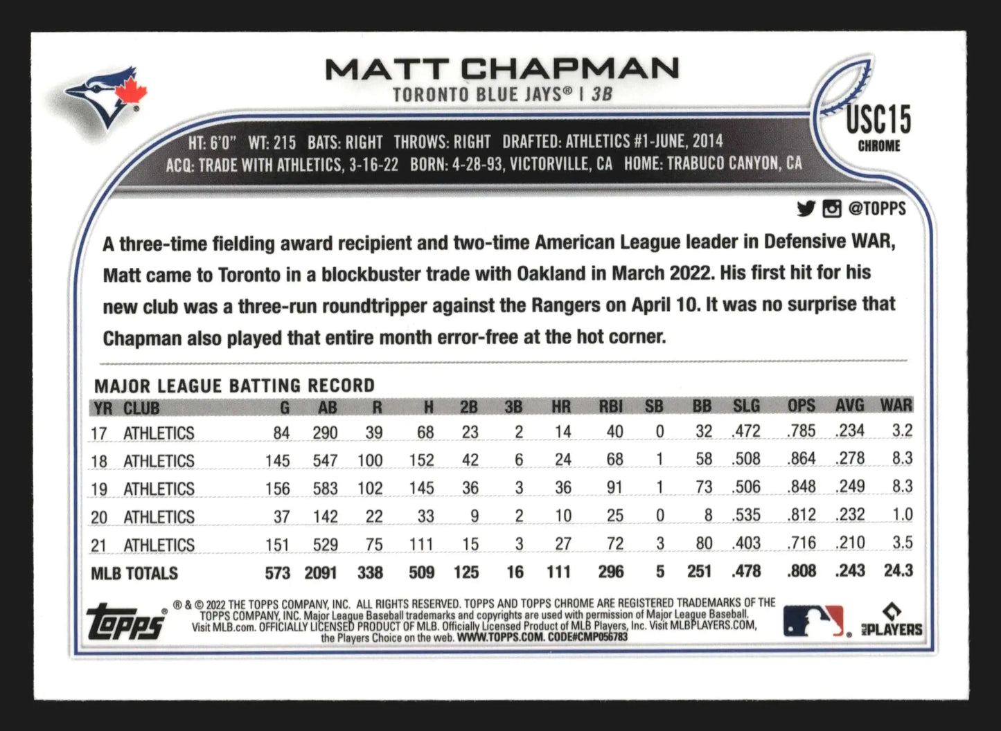 2022 Topps Chrome Update #USC15 Matt Chapman Purple Refractor Blue Jays