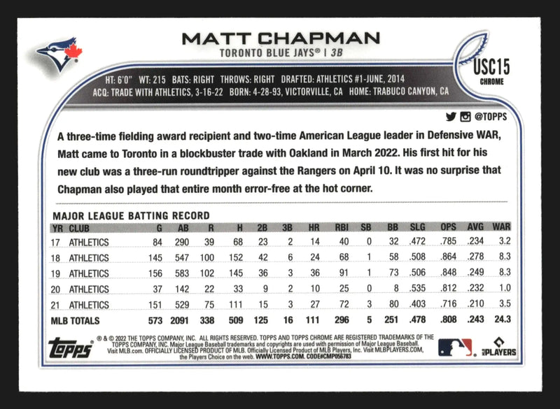 2022 Topps Chrome Update #USC15 Matt Chapman Purple Refractor Blue Jays