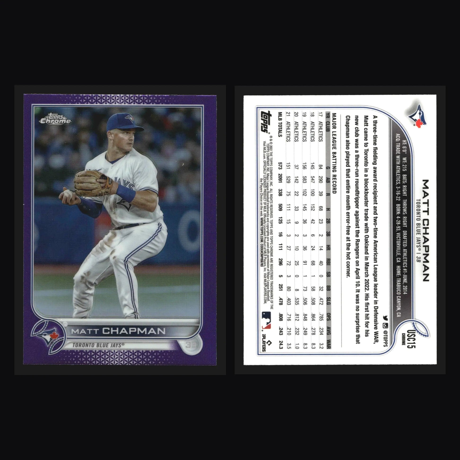 2022 Topps Chrome Update #USC15 Matt Chapman Purple Refractor Blue Jays