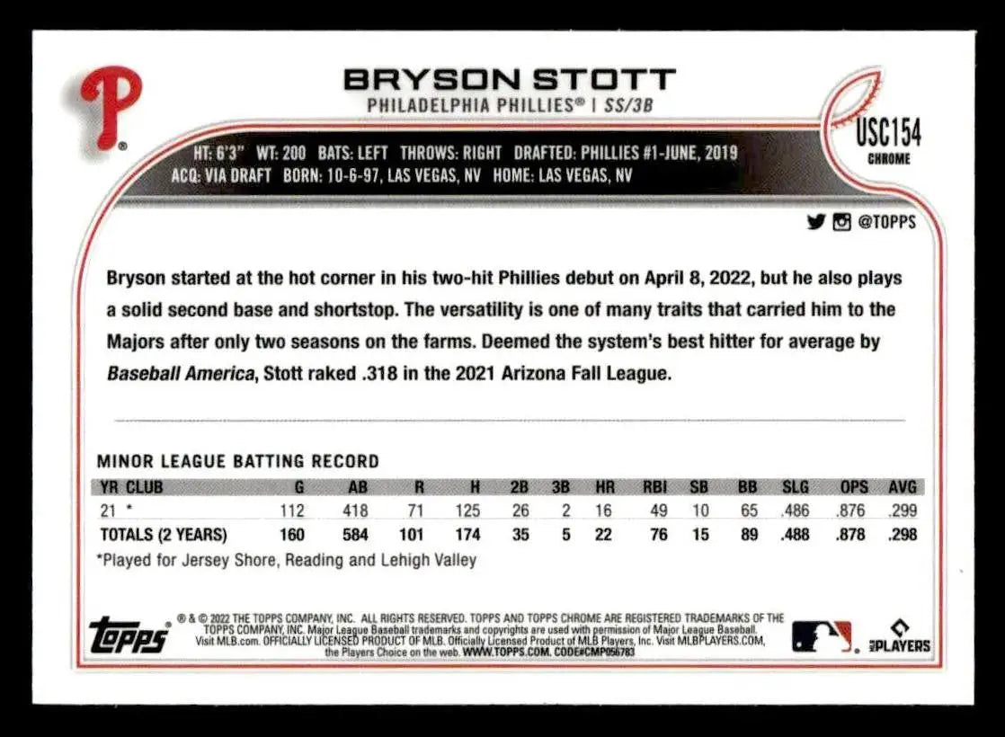 2022 Topps Chrome Update #USC154 Bryson Stott Purple Refractor - Baseball Card Single
