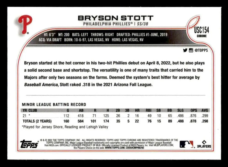 2022 Topps Chrome Update #USC154 Bryson Stott Purple Refractor - Baseball Card Single
