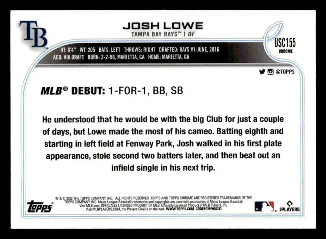 2022 Topps Chrome Update #USC155 Josh Lowe Purple Refractor - Baseball Card Single