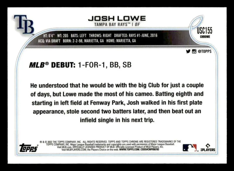 2022 Topps Chrome Update #USC155 Josh Lowe Purple Refractor - Baseball Card Single