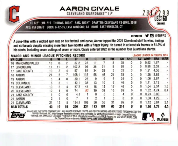 2022 Topps Chrome Update #USC160 Aaron Civale Refractor #/299 - Baseball Card Single