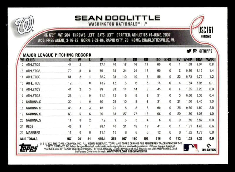 2022 Topps Chrome Update #USC161 Sean Doolittle - Baseball Card Single