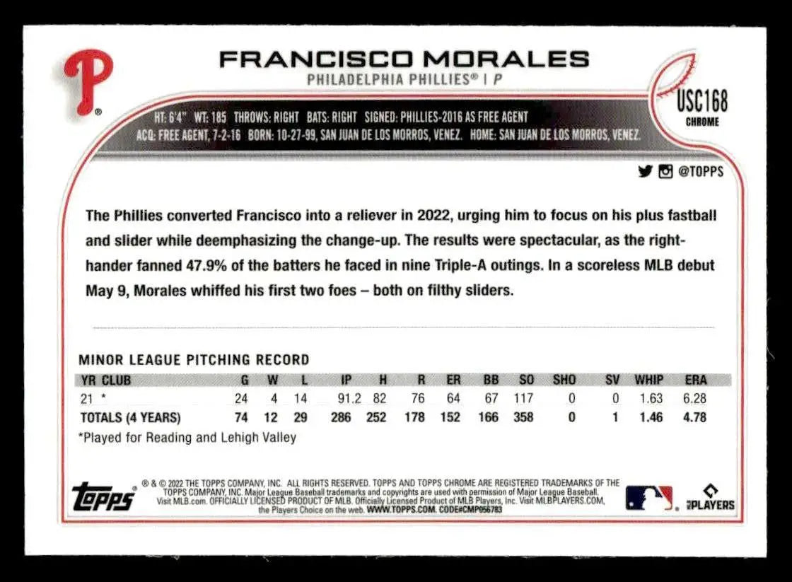2022 Topps Chrome Update #USC168 Francisco Morales - Baseball Card Single
