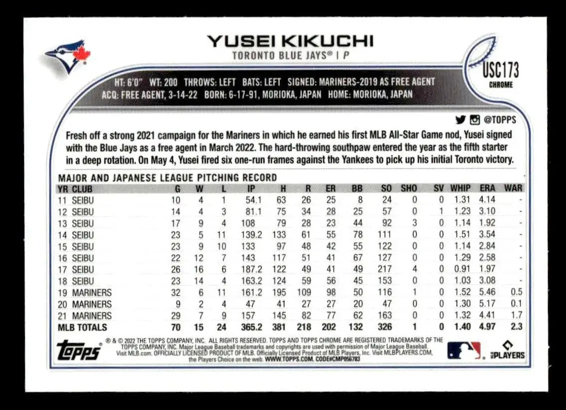 2022 Topps Chrome Update #USC173 Yusei Kikuchi - Baseball Card Single
