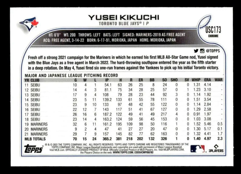 2022 Topps Chrome Update #USC173 Yusei Kikuchi - Baseball Card Single
