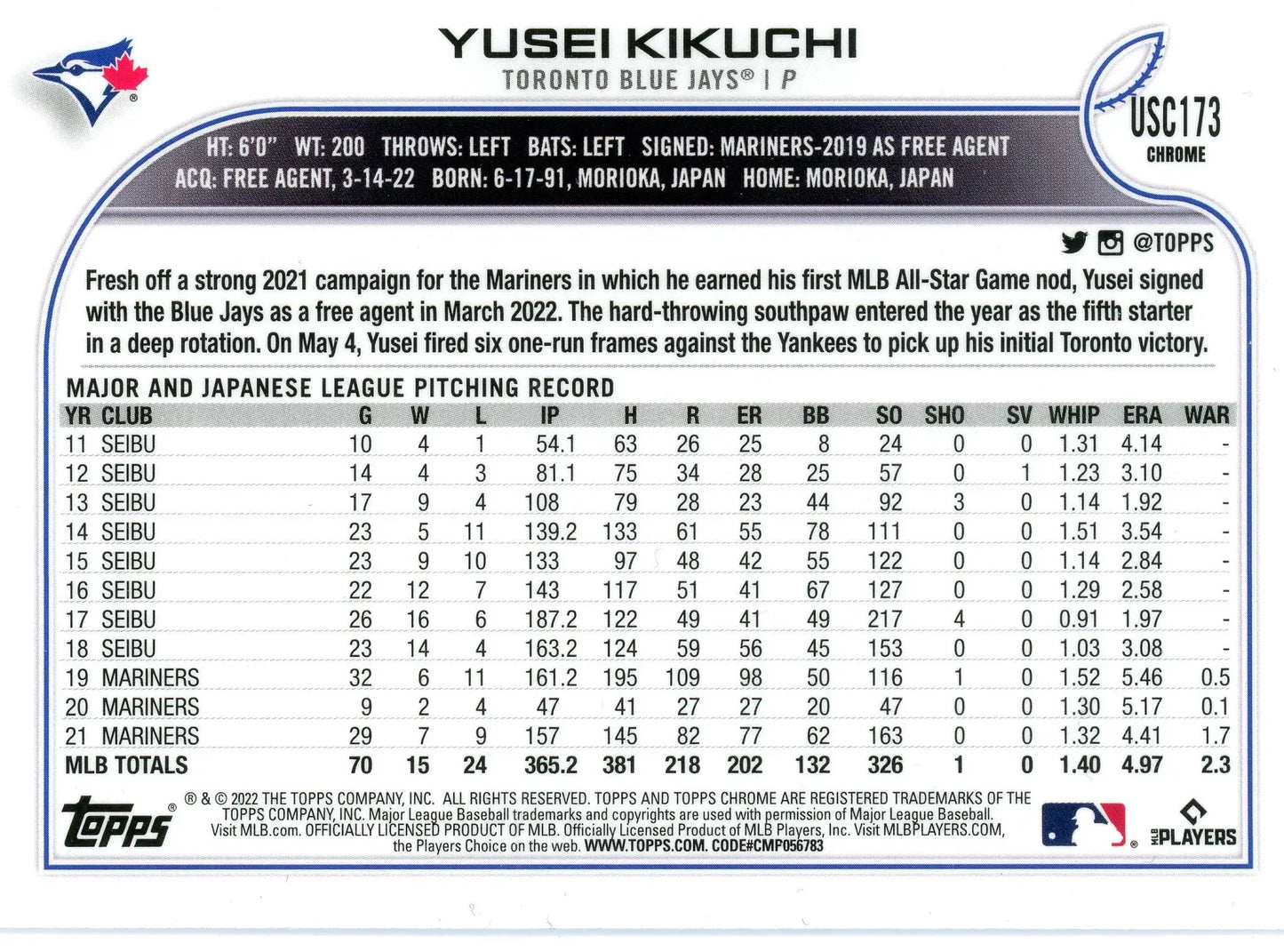 2022 Topps Chrome Update #USC173 Yusei Kikuchi Toronto Blue Jays