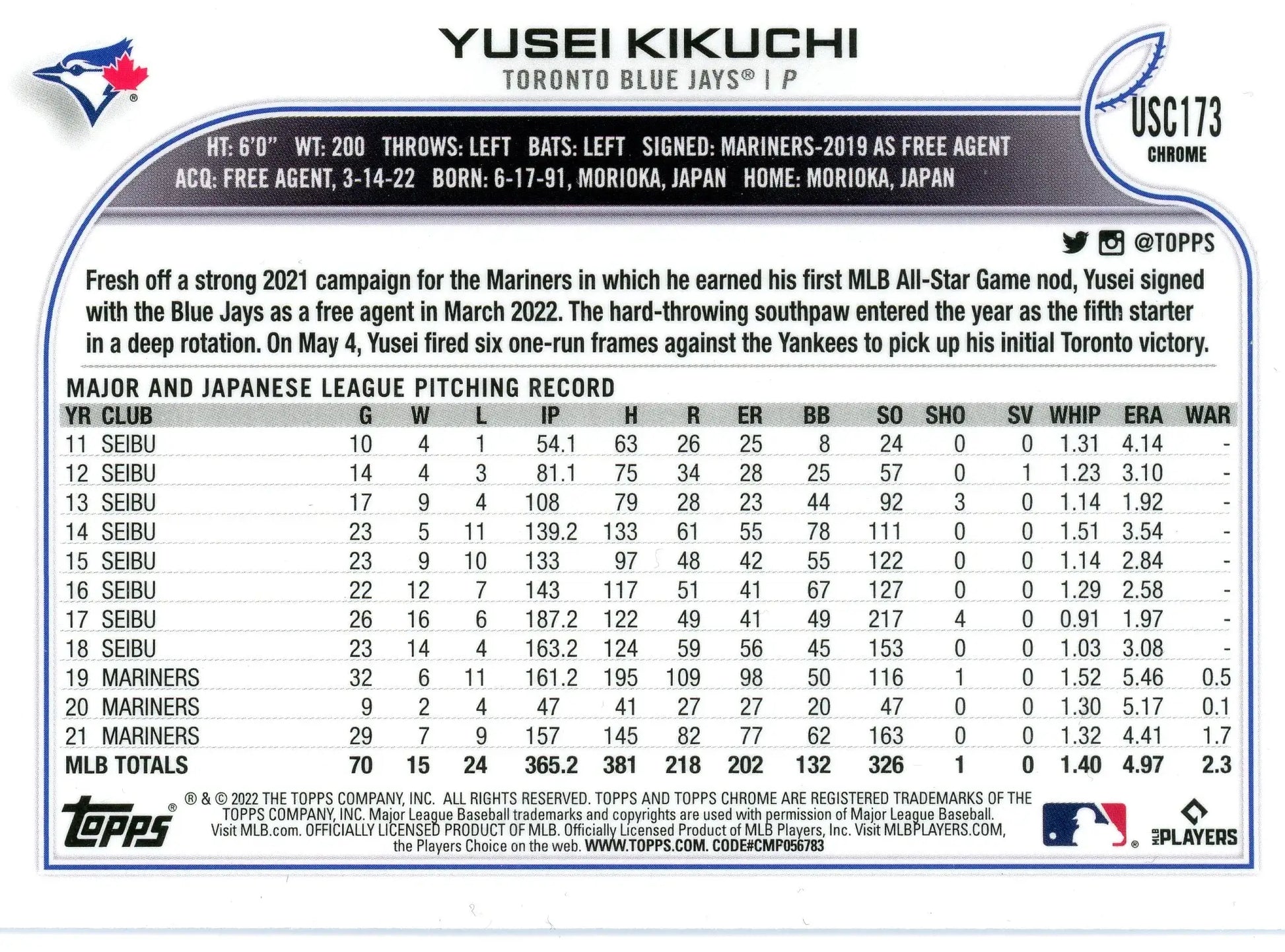 2022 Topps Chrome Update #USC173 Yusei Kikuchi Toronto Blue Jays