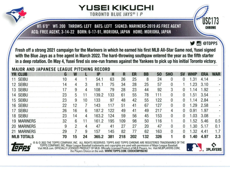 2022 Topps Chrome Update #USC173 Yusei Kikuchi Toronto Blue Jays