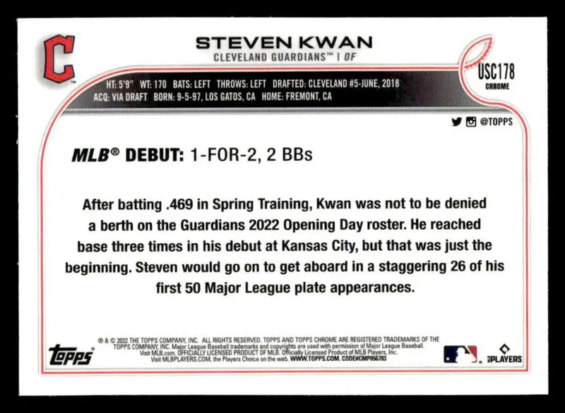 2022 Topps Chrome Update #USC178 Steven Kwan - Baseball Card Single