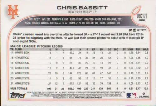 2022 Topps Chrome Update #USC179 Chris Bassitt NM-MT Mets ID:78699 - Baseball Card Single