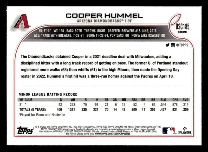 2022 Topps Chrome Update #USC185 Cooper Hummel - Baseball Card Single